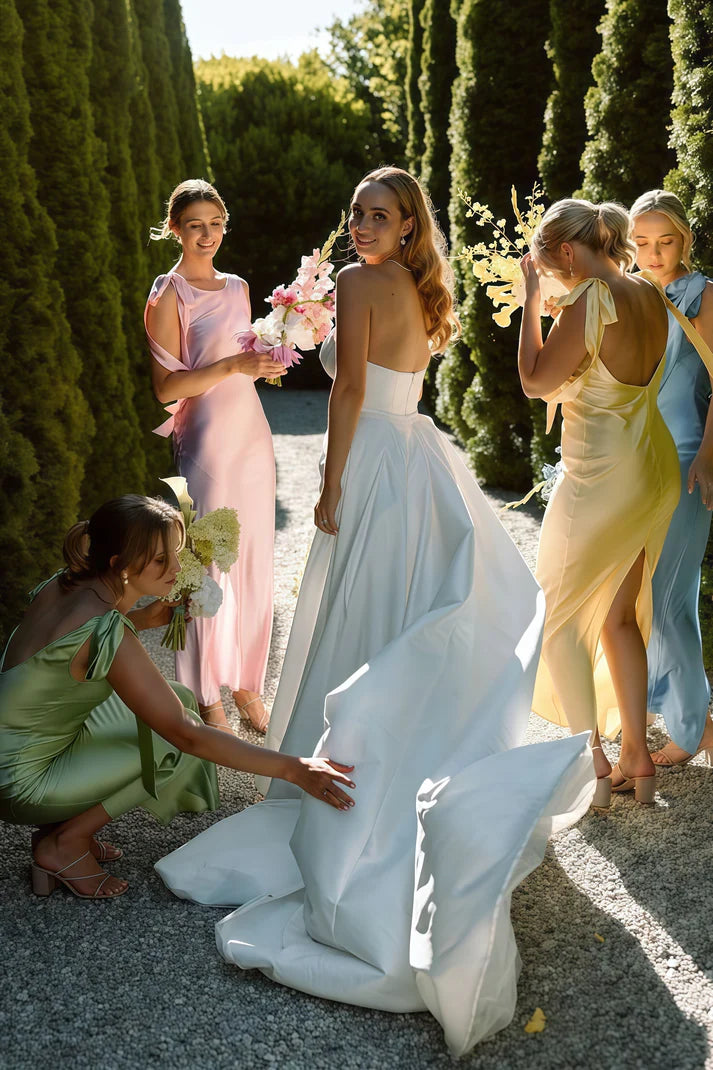 Simple Round Neck Tie Straps Open Back Satin Bridesmaid Dress