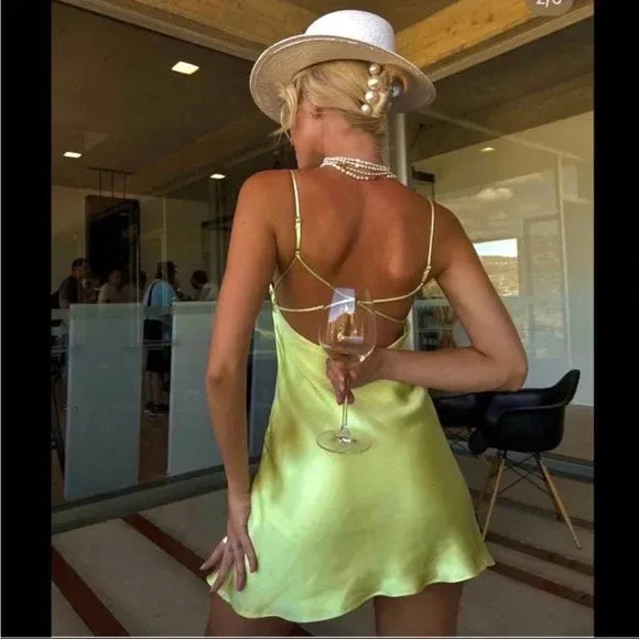 Simple Sheath Spaghetti Strap Cutout Back Lime Short Homecoming Dress