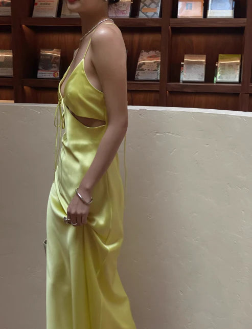 Simple Sheath Spaghetti Strap Cutout Backless Satin Yellow Evening Dress