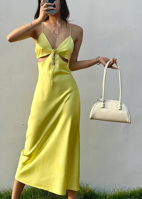 Simple Sheath Spaghetti Strap Cutout Backless Satin Yellow Evening Dress