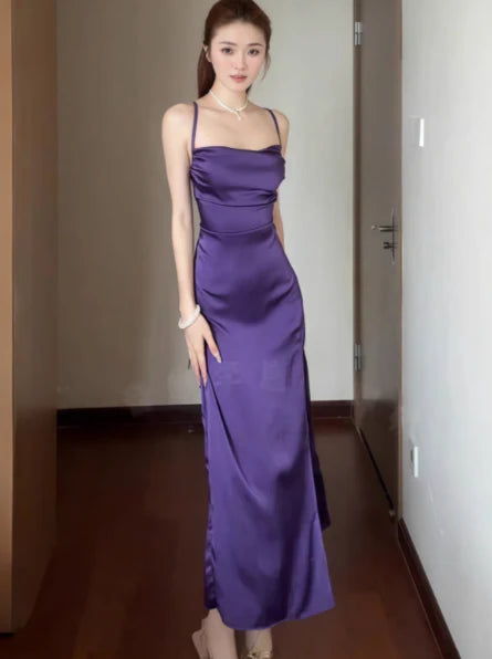Simple Sheath Spaghetti Strap Open Back Satin Purple Prom Dresses With Slit