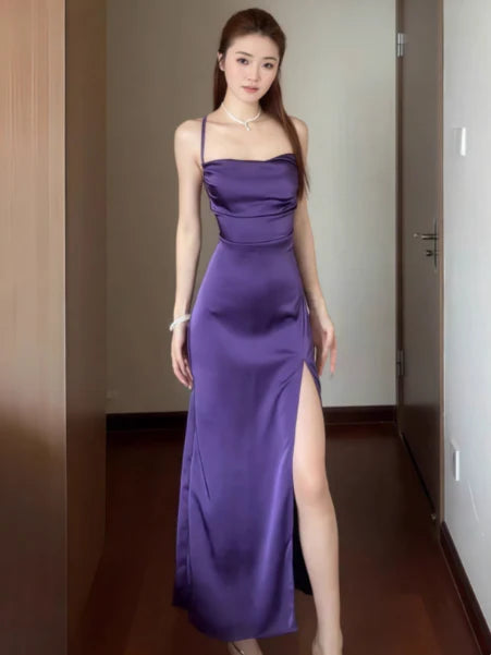 Simple Sheath Spaghetti Strap Open Back Satin Purple Prom Dresses With Slit