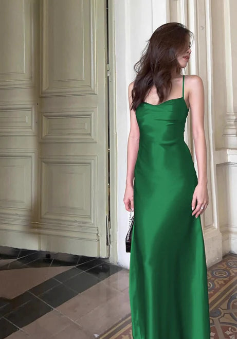Simple Sheath Spaghetti Straps Satin Green Evening Dress Birthday Dress