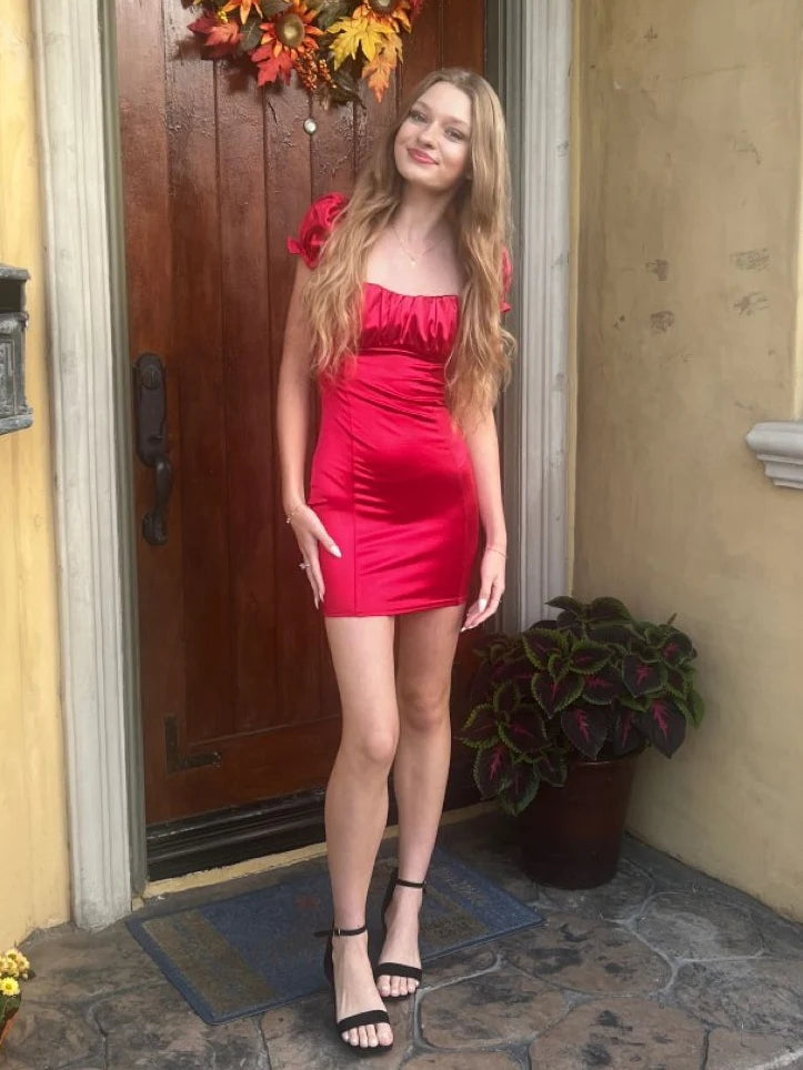 Simple Sheath Square Neck Short Sleeves Satin Red Short Homecoming Dress