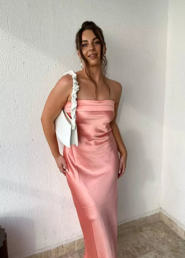 Simple Sheath Strapless Pleated Satin Blue Maxi Bridesmaid Dress Casual