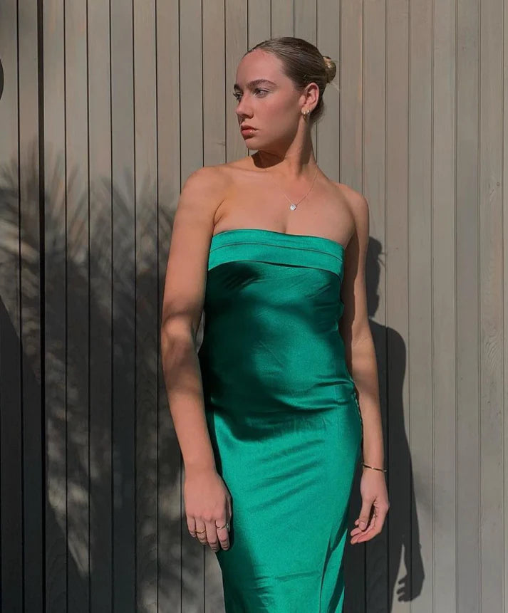 Simple Sheath Strapless Pleated Satin Blue Maxi Bridesmaid Dress Casual