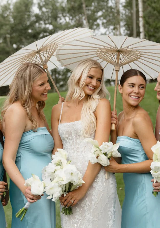 Simple Sheath Strapless Pleated Satin Blue Maxi Bridesmaid Dress Casual