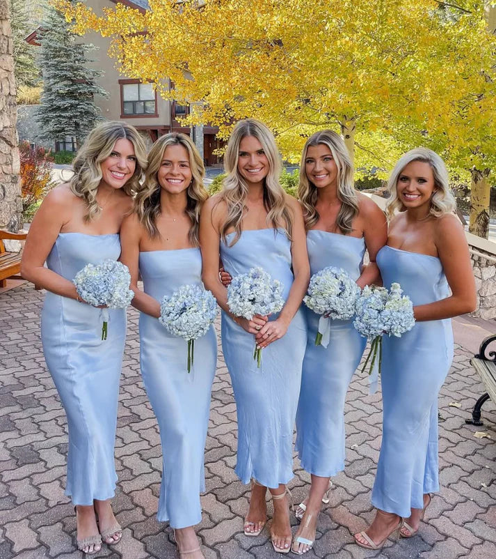 Simple Sheath Strapless Satin Baby Blue Tea-Length Bridesmaid Dress