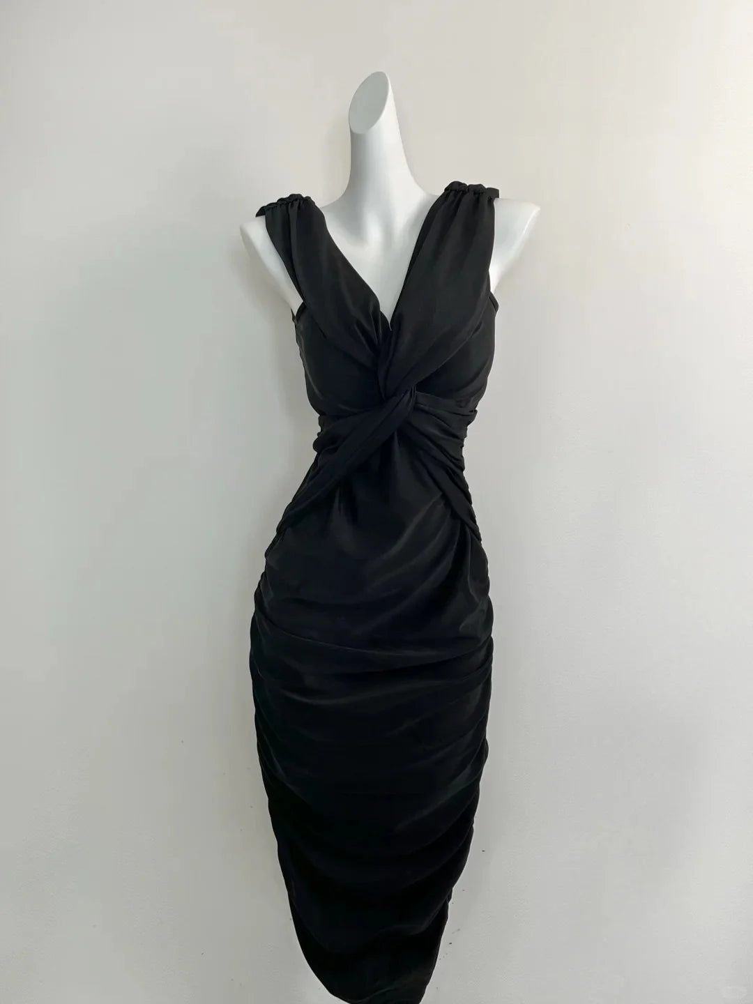 Simple Sheath V Neck Knot Black Long Evening Dress Prom Dress