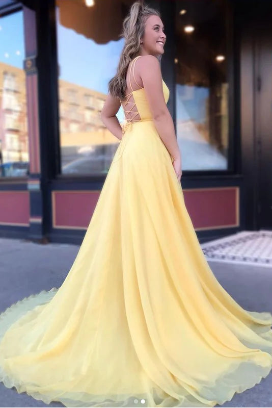 Simple Spaghetti Straps Chiffon Yellow Long Prom Dress Evening Dress