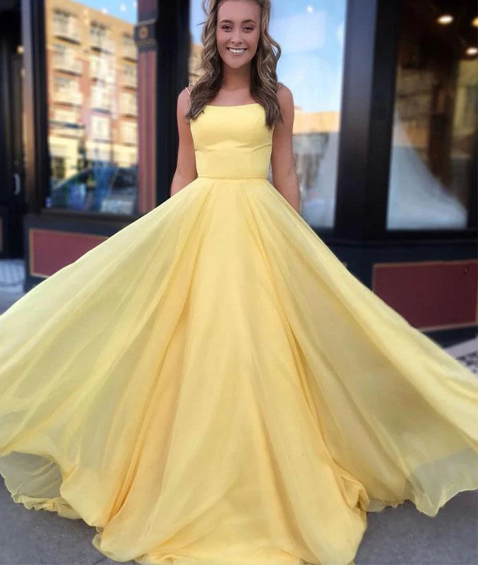 Simple Spaghetti Straps Chiffon Yellow Long Prom Dress Evening Dress