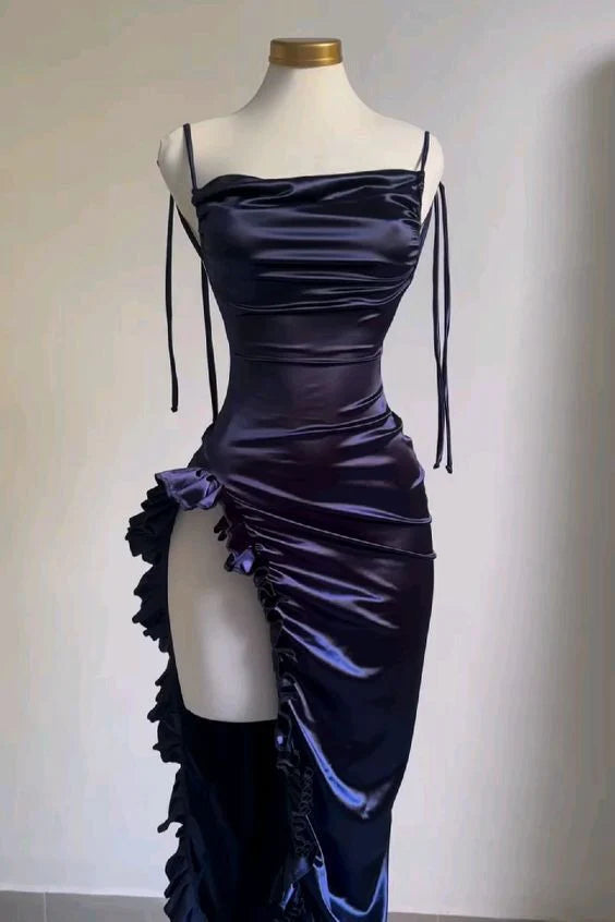 Simple Spaghetti Straps Dark Purple Prom Dress Party Dress With Split