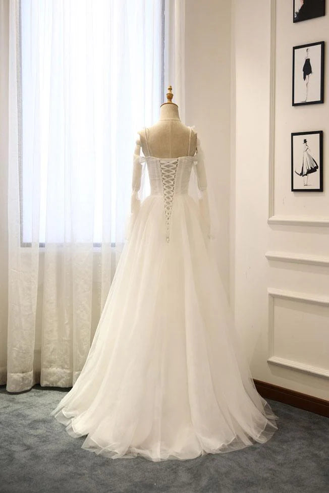 Simple Spaghetti Straps Long Sleeves Tulle White Long Prom Dress