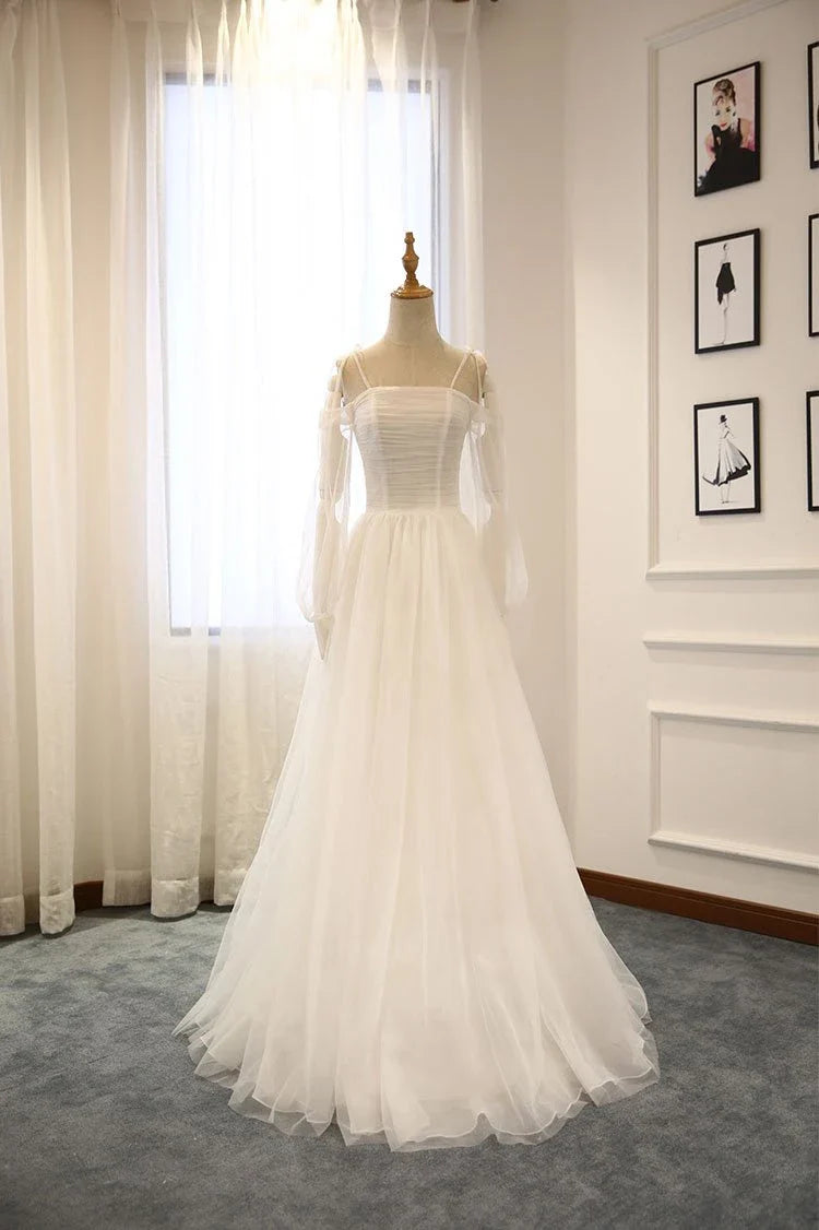 Simple Spaghetti Straps Long Sleeves Tulle White Long Prom Dress