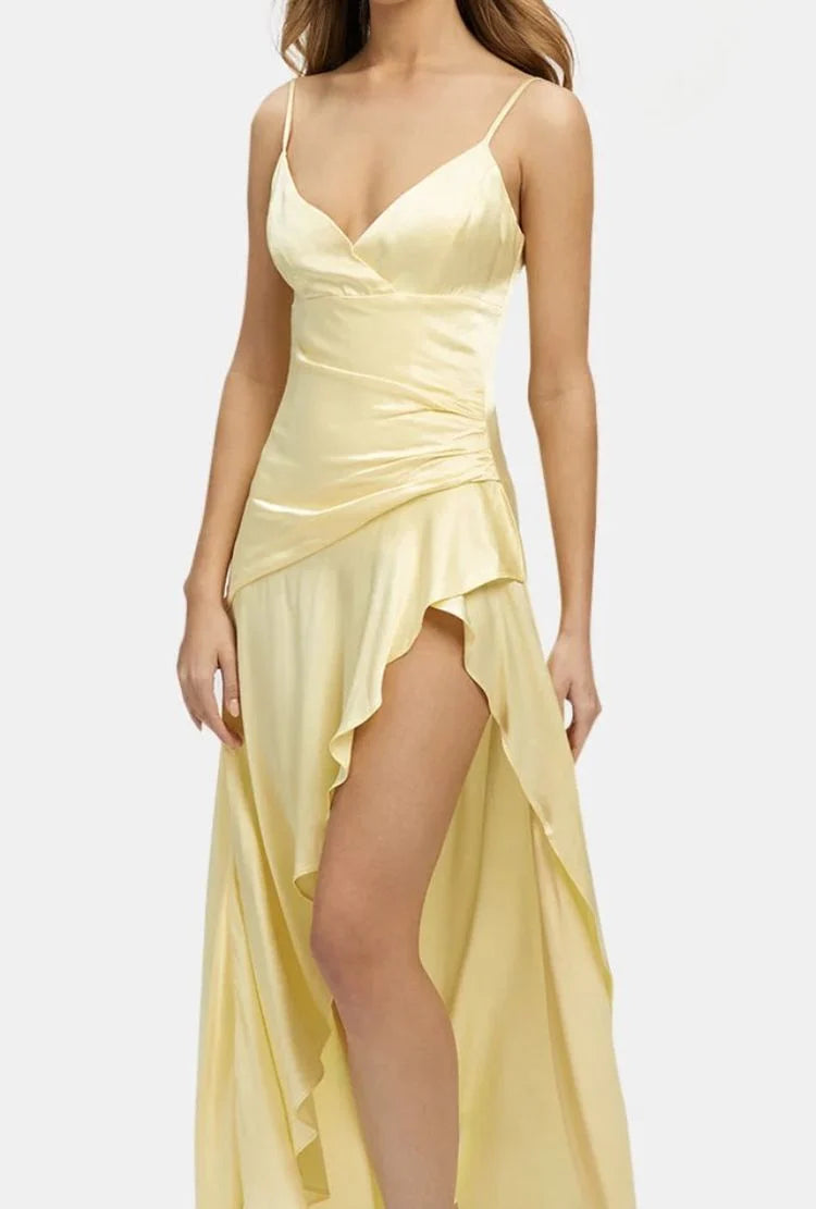 Simple Spaghetti Straps Ruffle Satin Yellow Prom Dress With Split