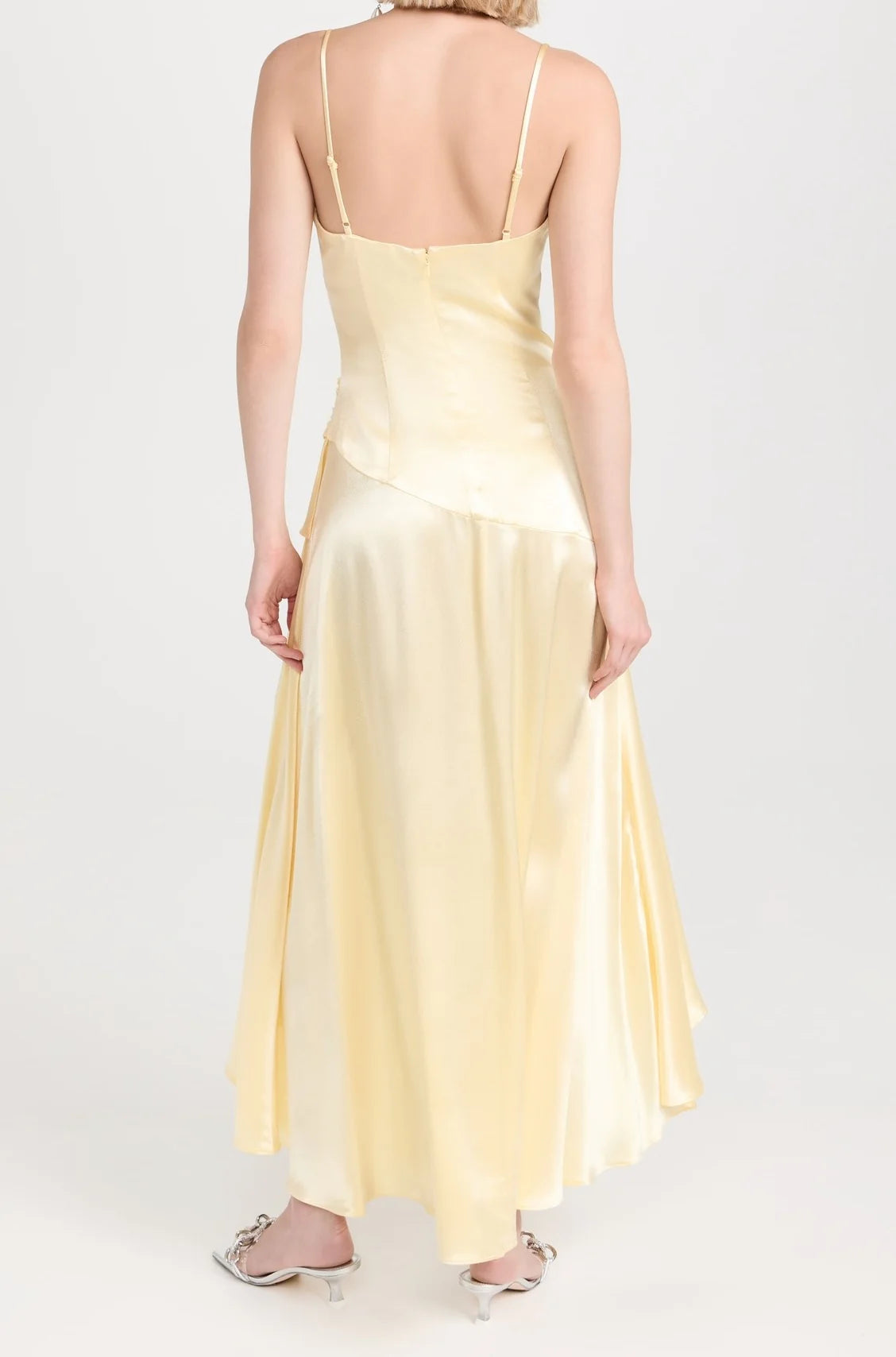 Simple Spaghetti Straps Ruffle Satin Yellow Prom Dress With Split