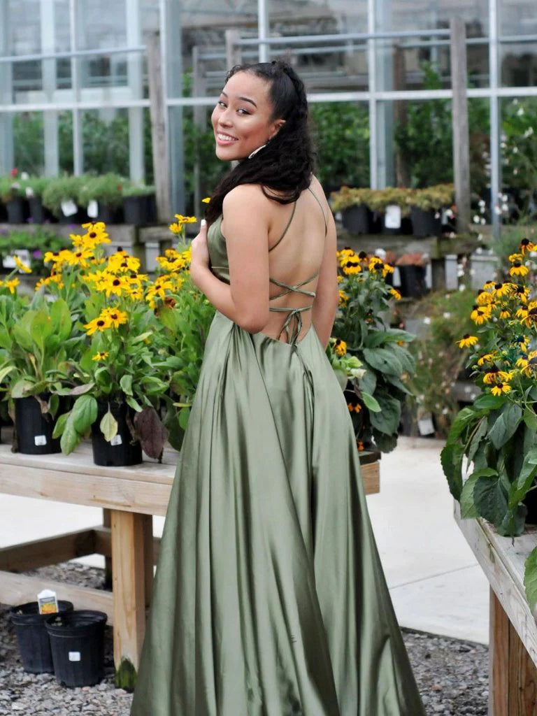 Simple Spaghetti Straps Satin Green Long Prom Dress Evening Dress