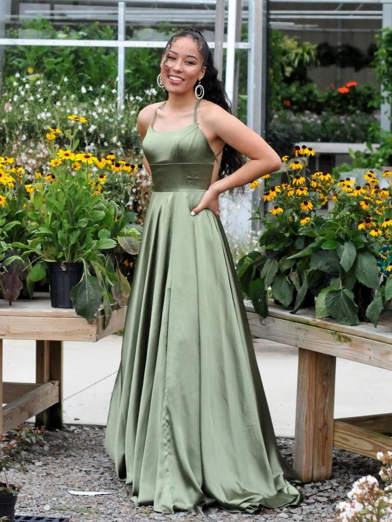Simple Spaghetti Straps Satin Green Long Prom Dress Evening Dress