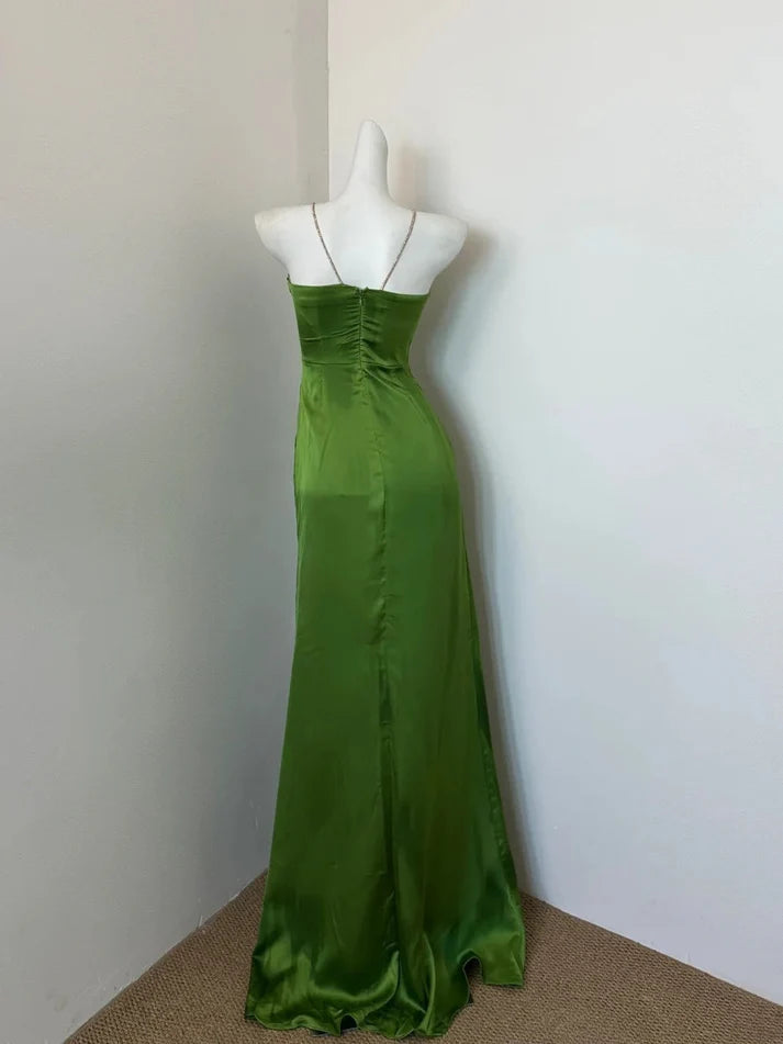Simple Spaghetti Straps Satin Green Long Prom Dress Party Dress
