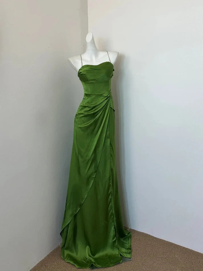 Simple Spaghetti Straps Satin Green Long Prom Dress Party Dress