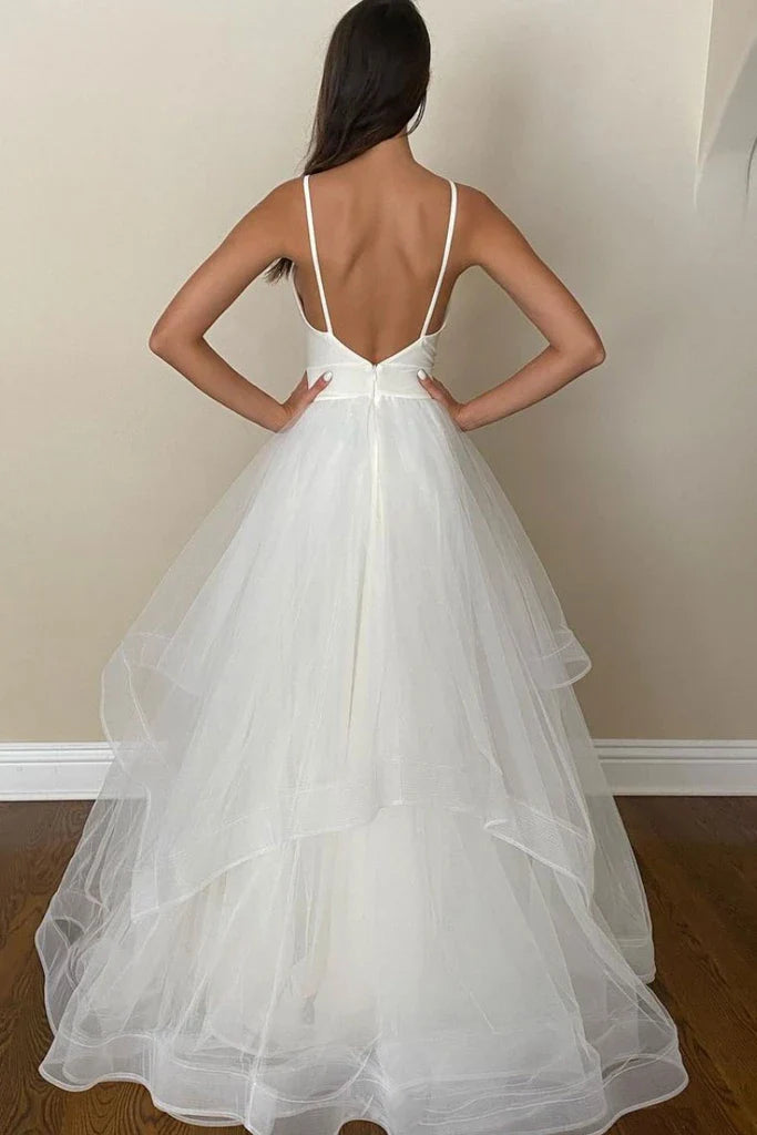Simple Spaghetti Straps Tulle White Long Prom Dress With Asymmetrical Hem