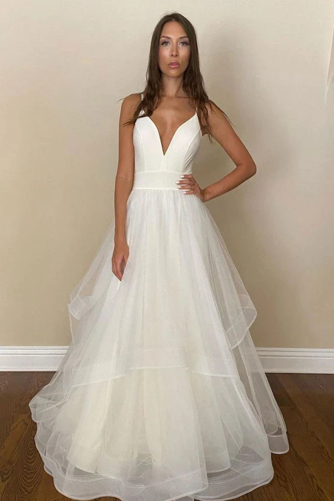 Simple Spaghetti Straps Tulle White Long Prom Dress With Asymmetrical Hem