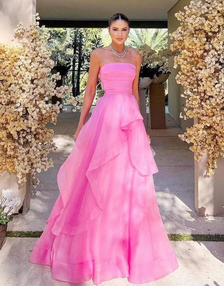 Simple Strapless Zipper Pink Floor Length Prom Dress Evening Dress