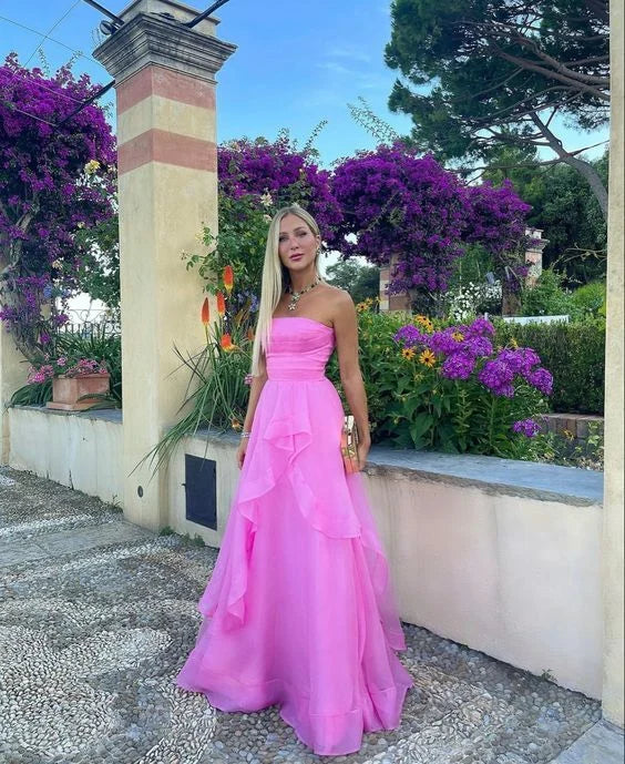 Simple Strapless Zipper Pink Floor Length Prom Dress Evening Dress