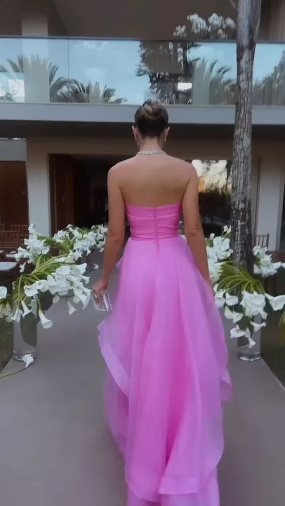 Simple Strapless Zipper Pink Floor Length Prom Dress Evening Dress
