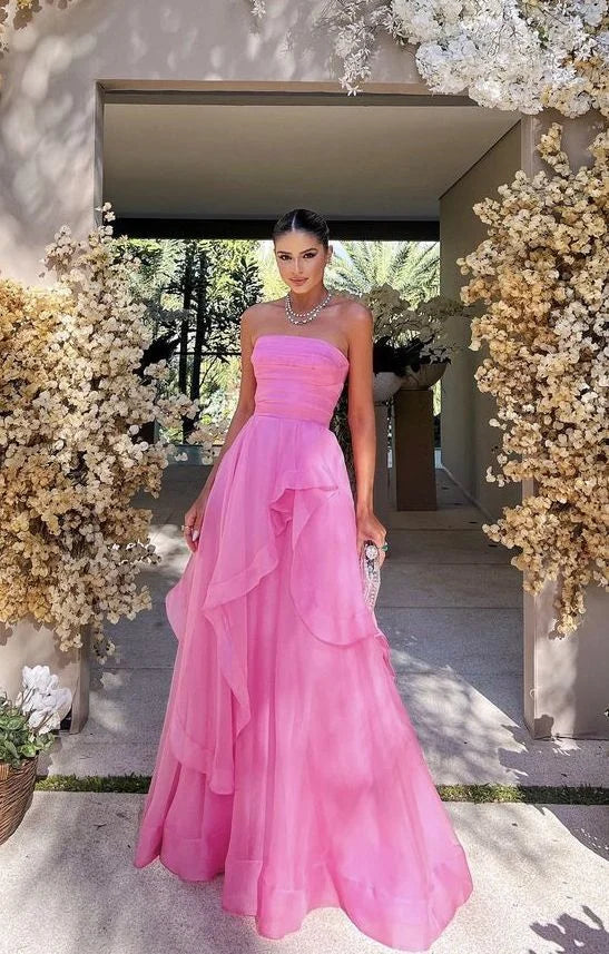 Simple Strapless Zipper Pink Floor Length Prom Dress Evening Dress