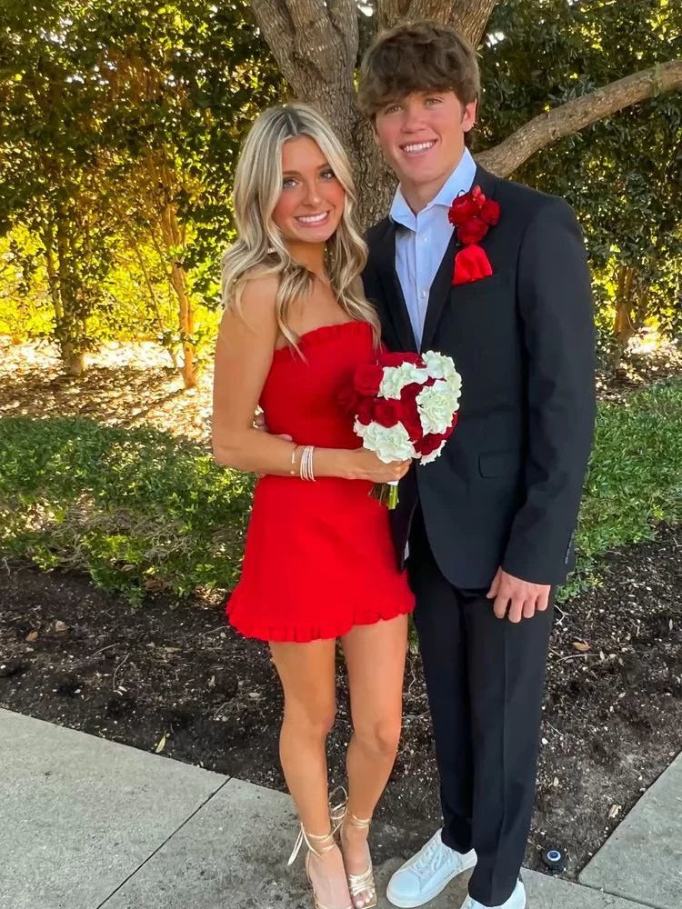 Simple Stylish Sheath Strapless Ruffles Satin Red Short Homecoming Dress