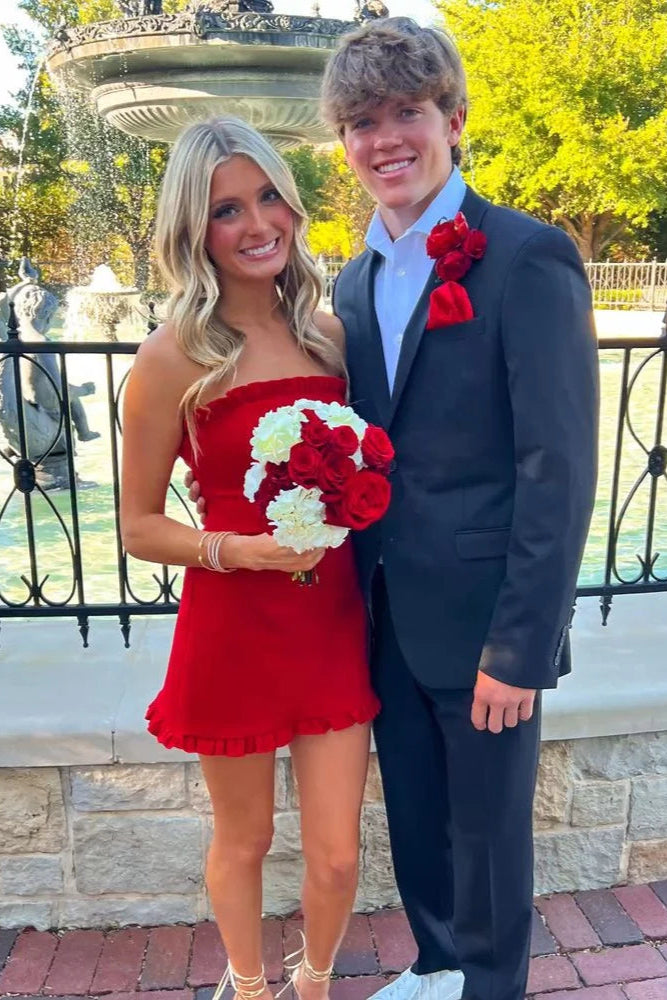 Simple Stylish Sheath Strapless Ruffles Satin Red Short Homecoming Dress