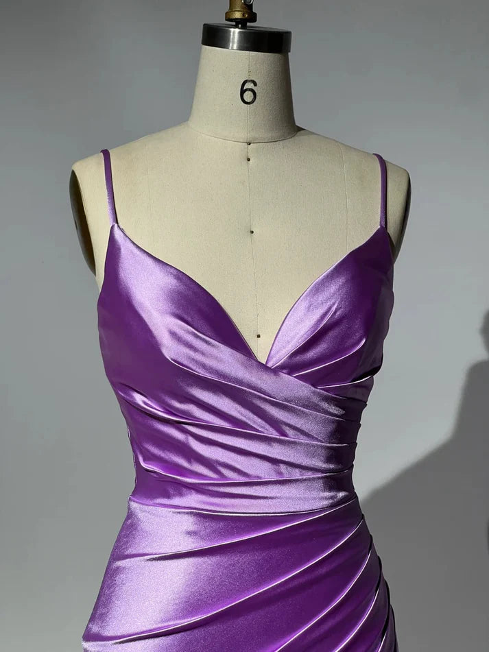 Simple Sweetheart Neck Spaghetti Straps Pleated Satin Purple Long Party Dress