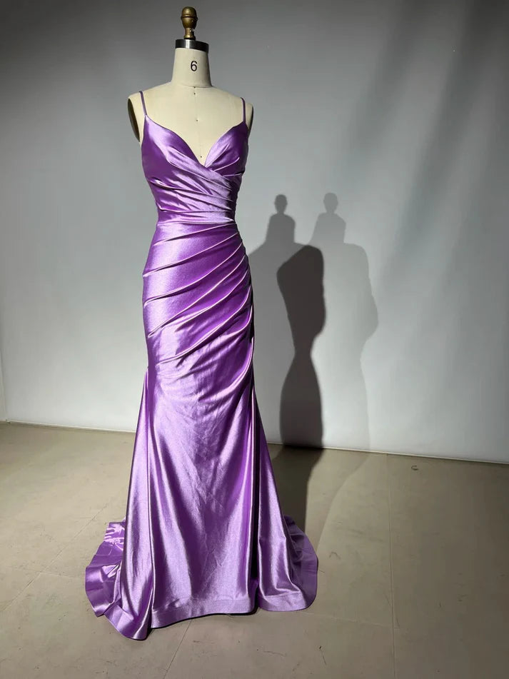 Simple Sweetheart Neck Spaghetti Straps Pleated Satin Purple Long Party Dress