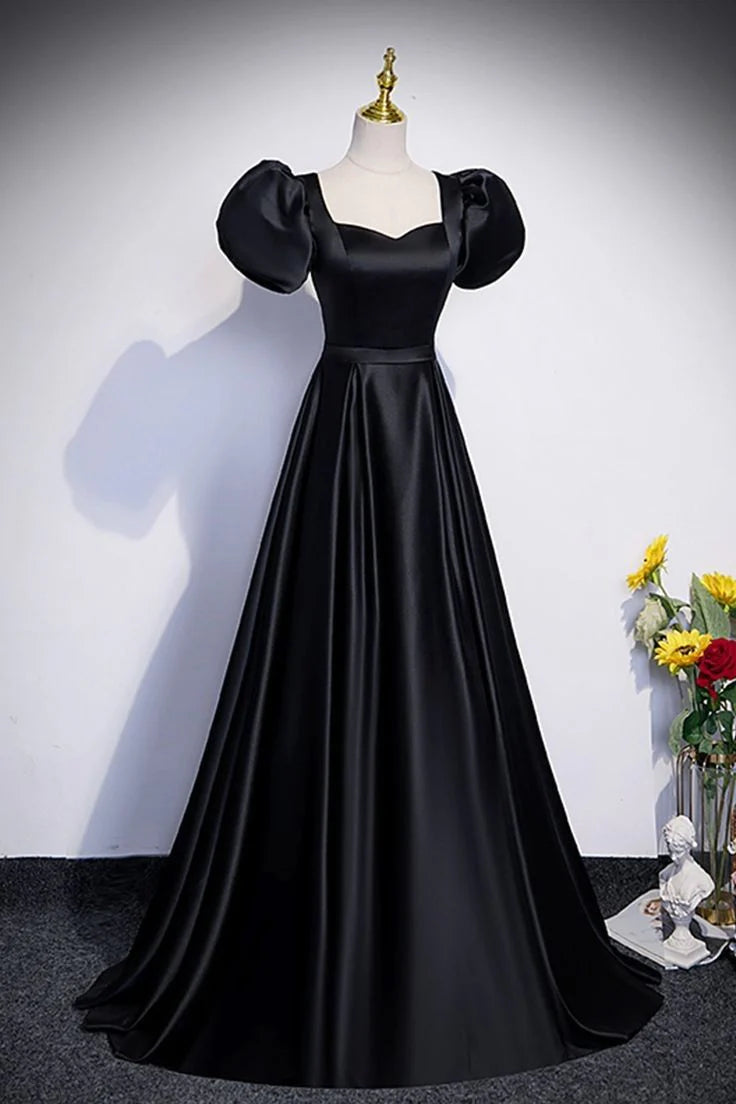 Simple Sweetheart Short Sleeve Satin Black Floor Length Prom Dress
