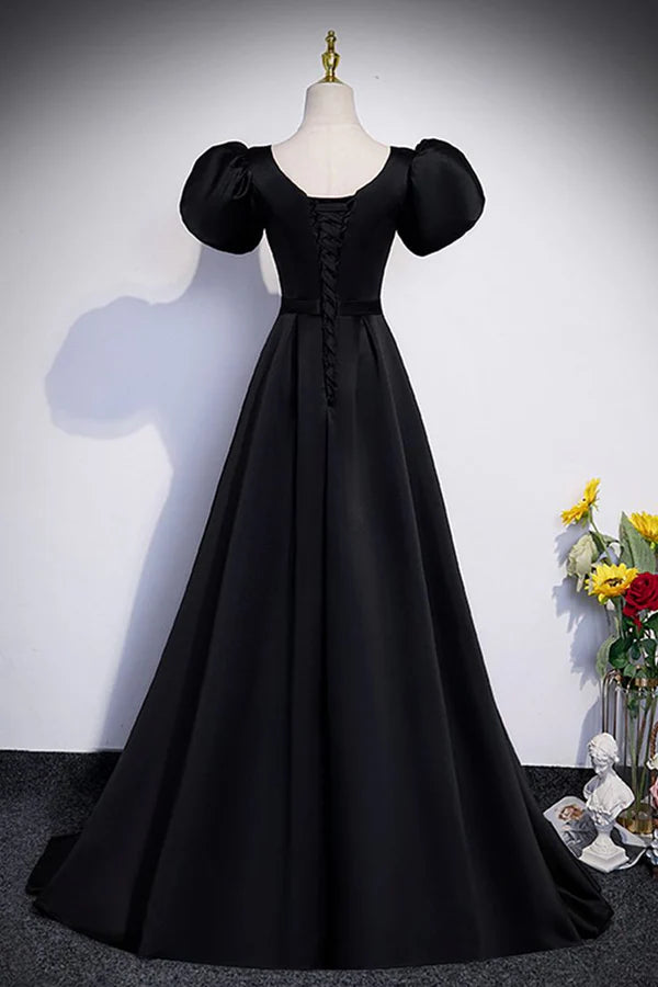 Simple Sweetheart Short Sleeve Satin Black Floor Length Prom Dress