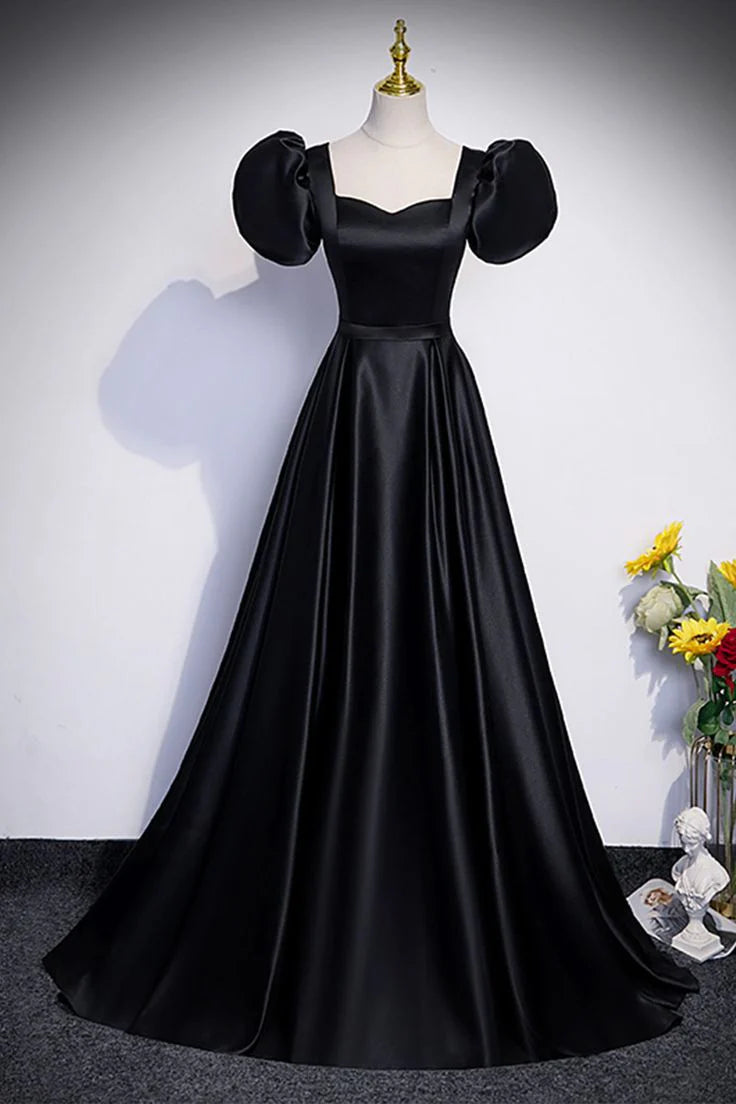 Simple Sweetheart Short Sleeve Satin Black Floor Length Prom Dress