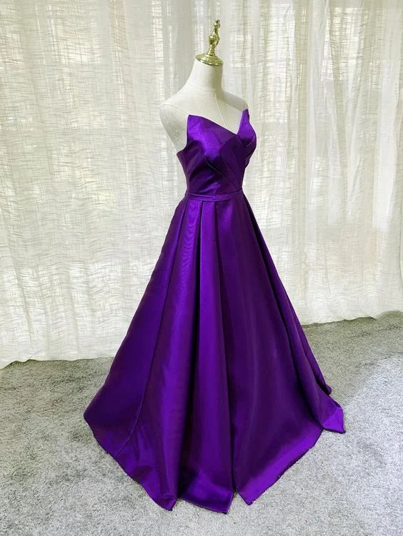 Simple V Neck A-line Satin Purple Floor Length Evening Dress Prom Dress