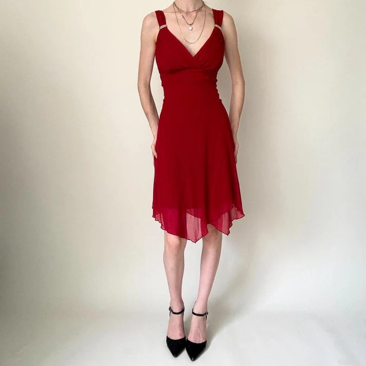 Simple V Neck Chiffon Red Knee Length Birthday Party Dress