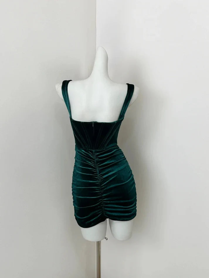 Simple V Neck Pleated Velvet Teal Short Homecoming Dress Party Dress