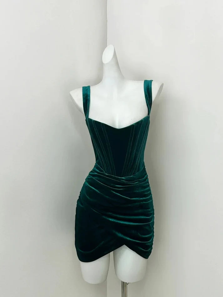 Simple V Neck Pleated Velvet Teal Short Homecoming Dress Party Dress