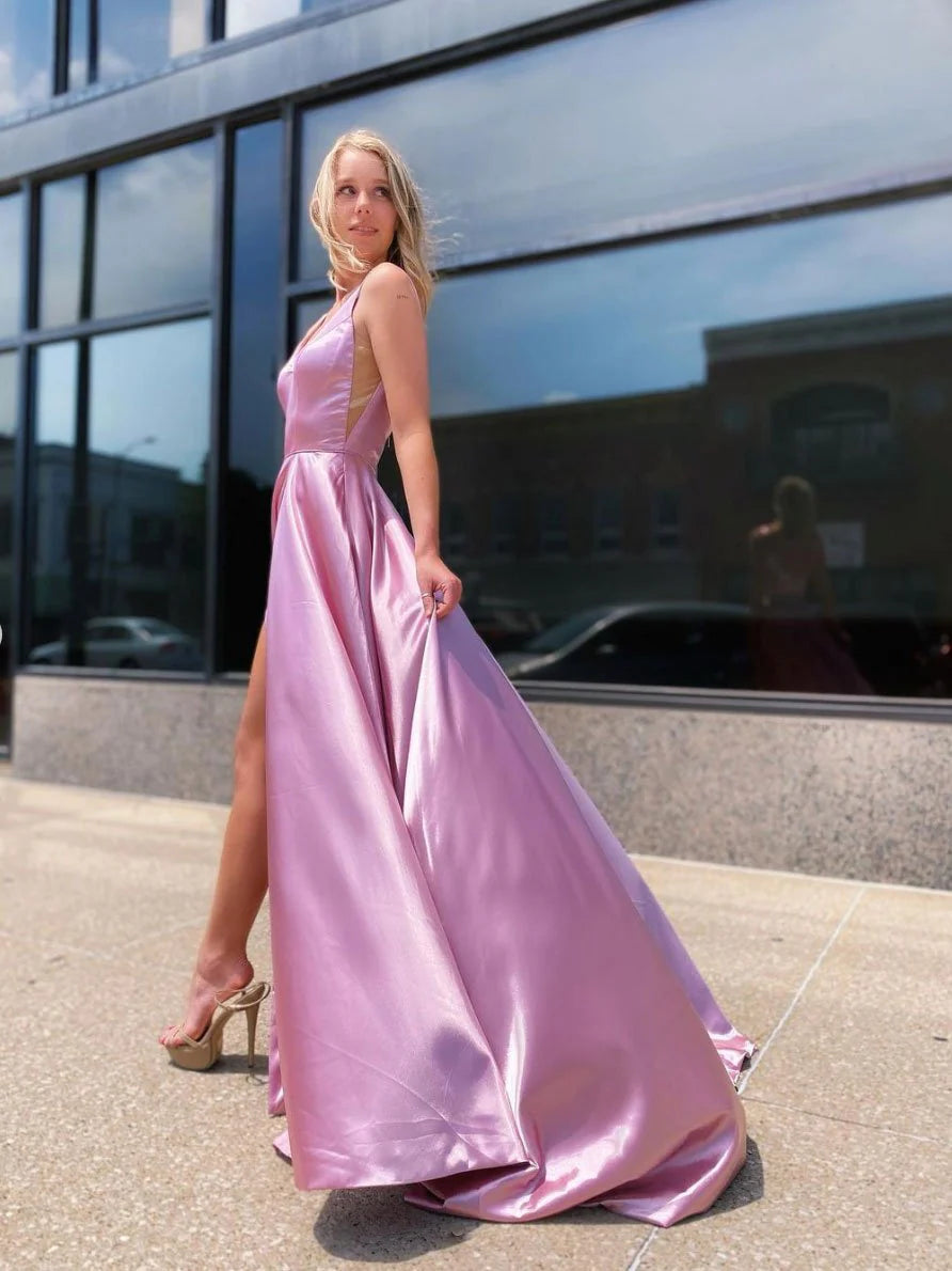 Simple V Neck Slit Satin Pink Floor Length Prom Dress Bridesmaid Dress