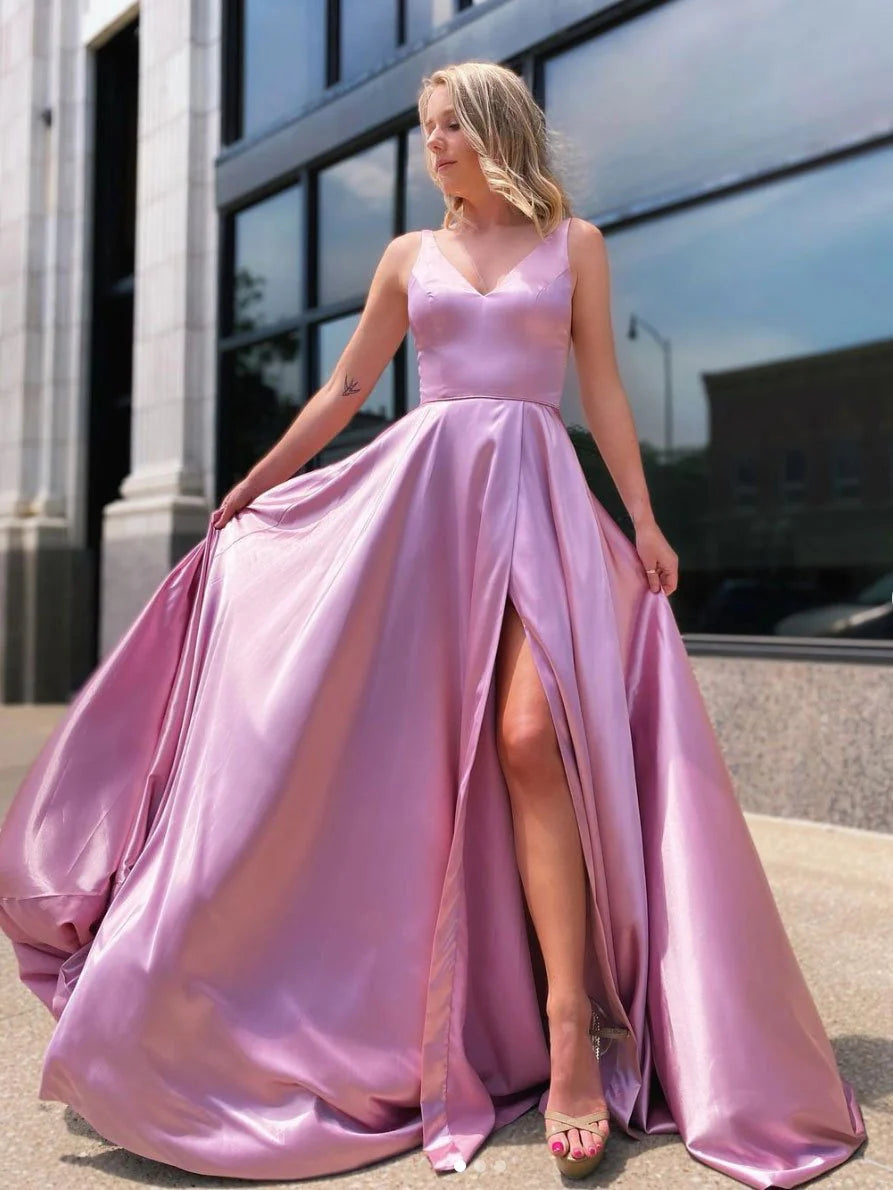 Simple V Neck Slit Satin Pink Floor Length Prom Dress Bridesmaid Dress