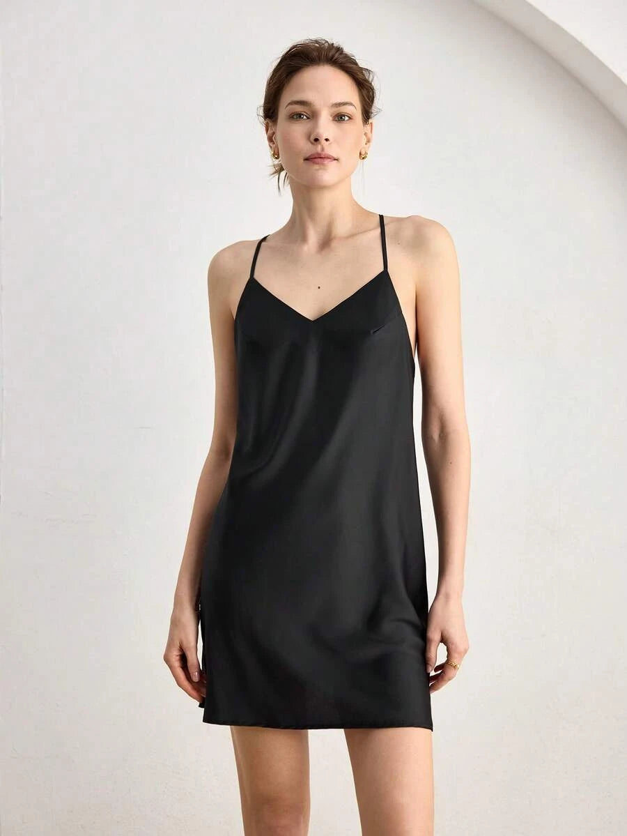 Simple A-Line V-Neck Spaghetti Strap Backless Black Mini Homecoming Dress