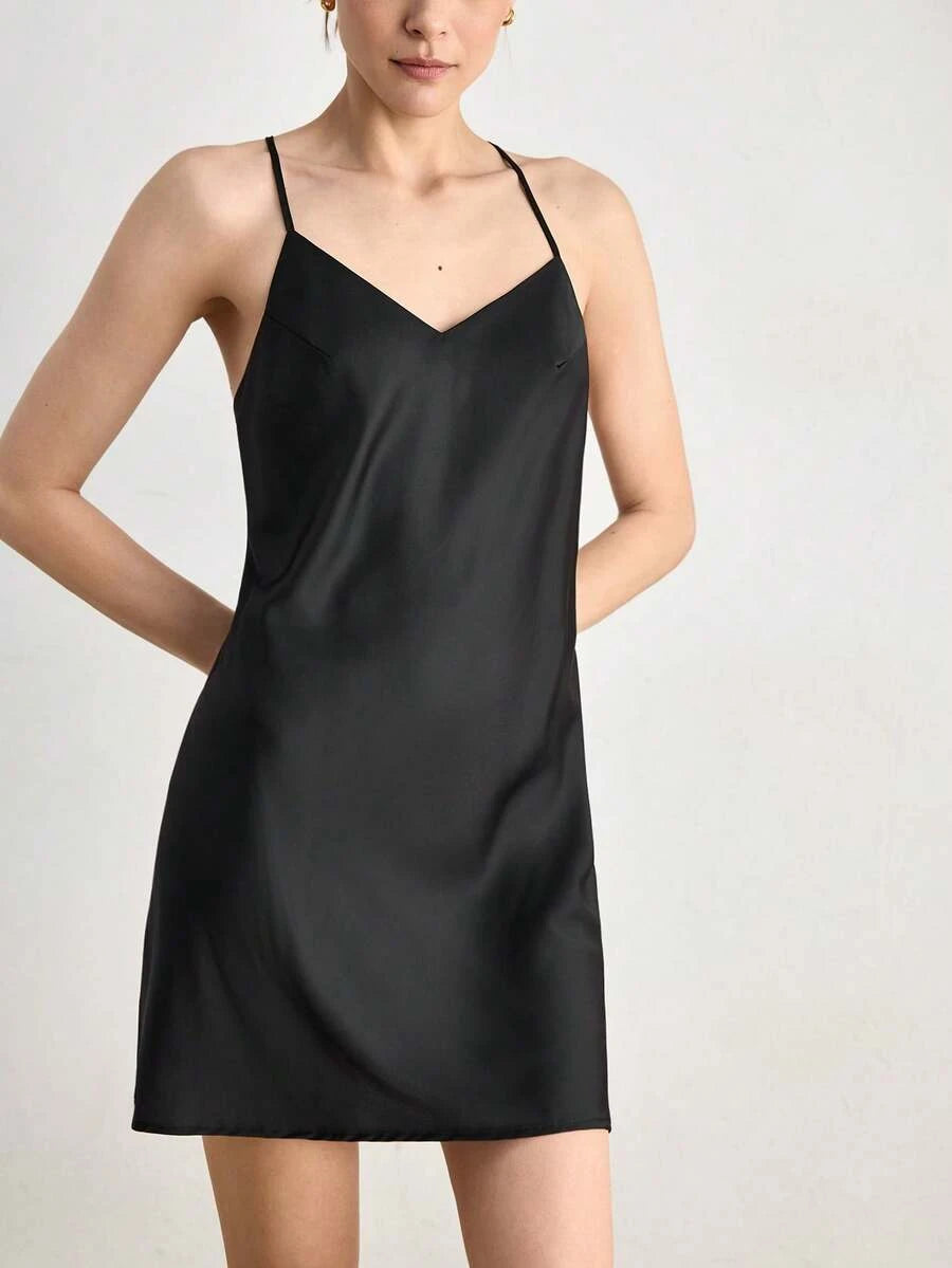 Simple A-Line V-Neck Spaghetti Strap Backless Black Mini Homecoming Dress