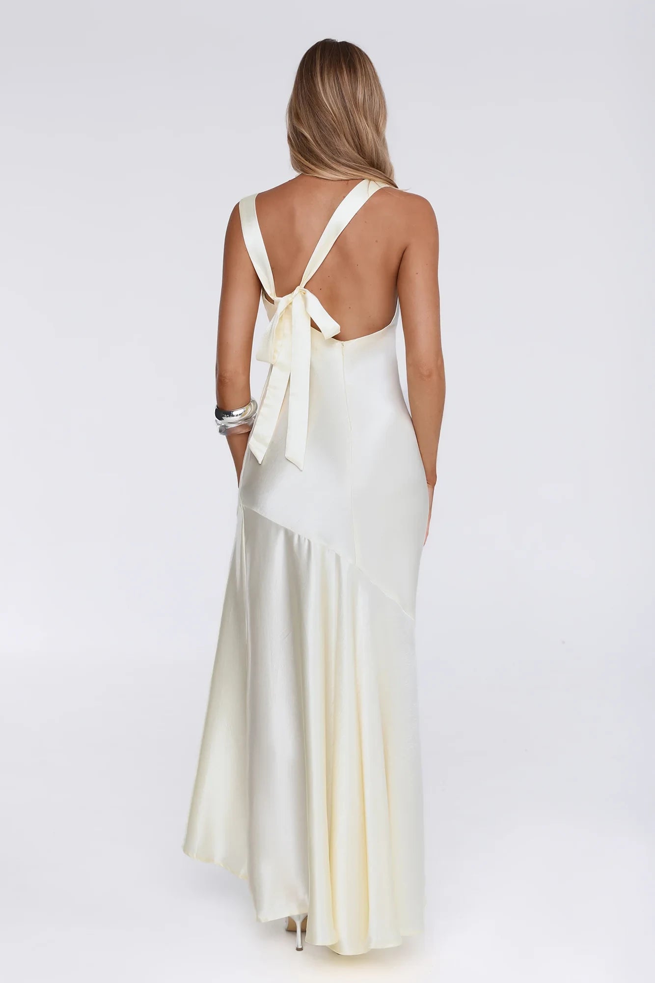 Simple Sheath Boat Neck Backless Asymmetrical Satin Ivory Floor-Length Prom Dress
