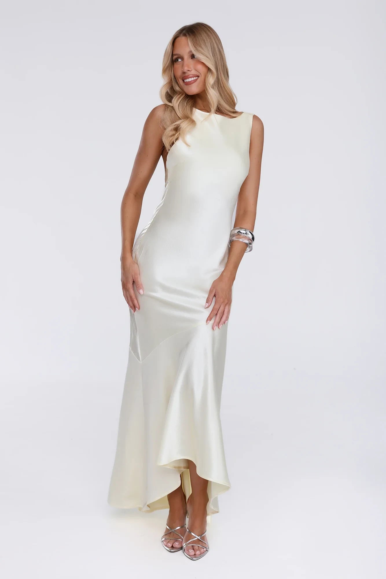 Simple Sheath Boat Neck Backless Asymmetrical Satin Ivory Floor-Length Prom Dress