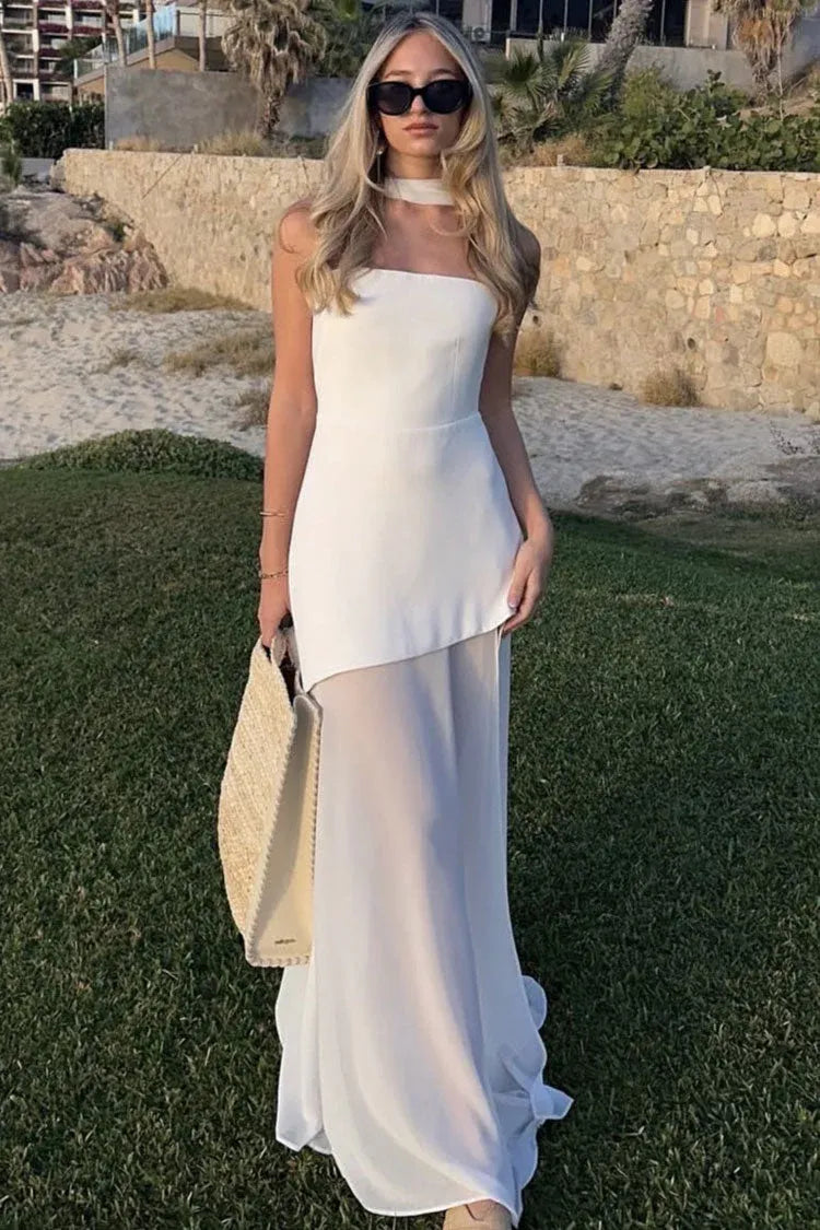 Sleek Asymmetric Halter-Neck Sleeveless Drape-Chiffon White Floor-Length Evening Dress for Women