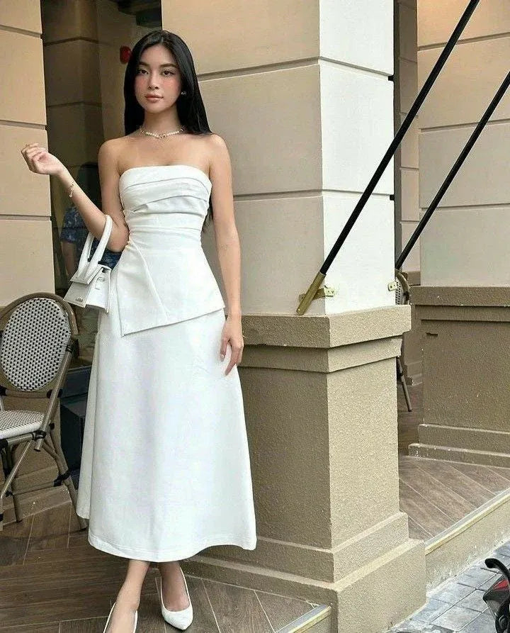 Sleek Cotton Midi Evening Dress White Strapless Peplum for Women