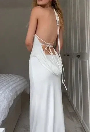 Sleek Jersey Long Evening Dress White Strapless Halter-Back for Women